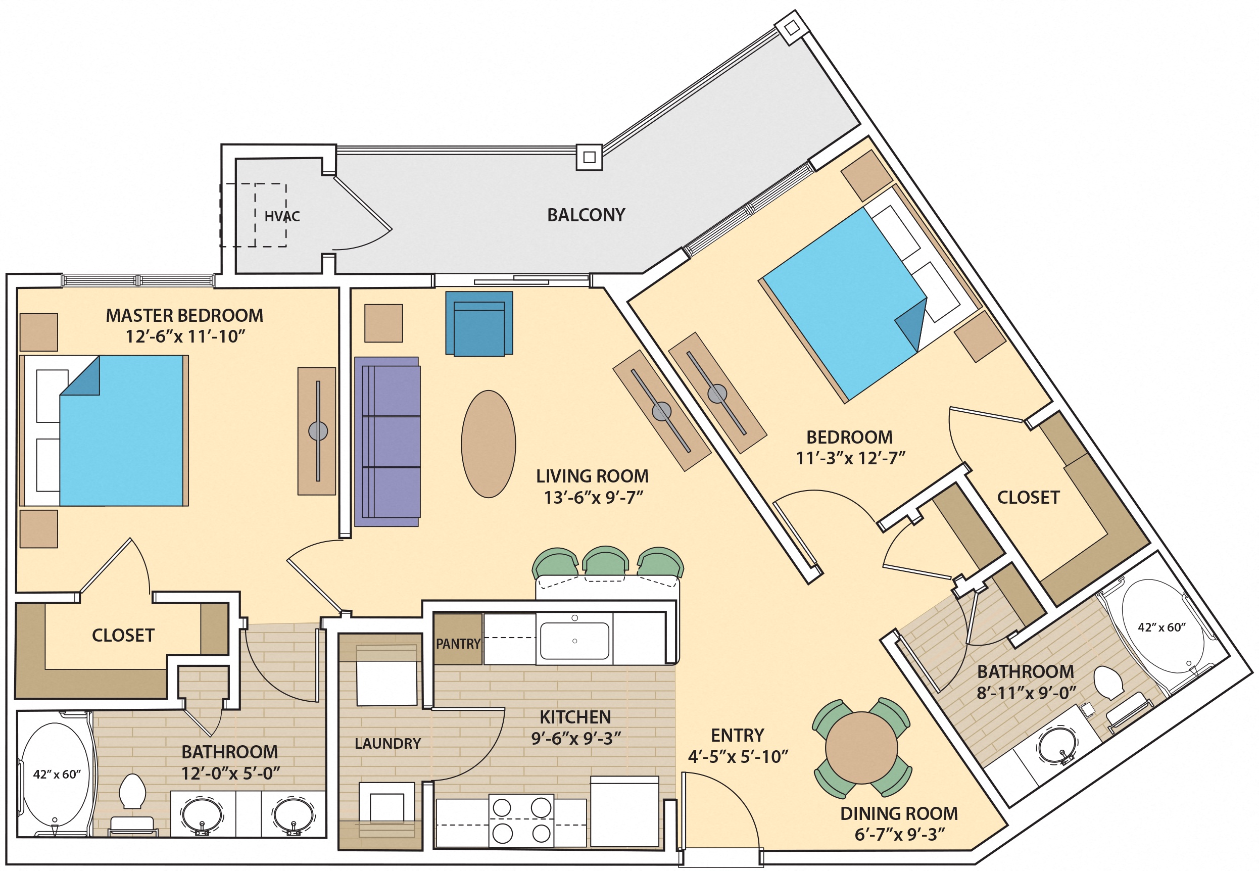Floor plan for 2 beds, 2 baths, 1157 sqft